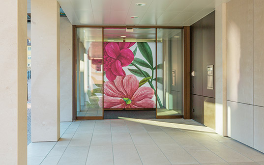 Flower motifs which were included in the design of the LGT branch in Vaduz.